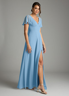 Azazie Kimber Vestidos de damas de honor Vestido de Azul Acero de Gasa de Corte en A con Manga volante image6