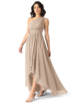 Azazie Mathilda Bridesmaid Dresses Taupe A-Line One Shoulder Chiffon Dress image5