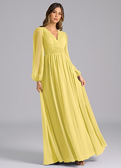 Azazie Palerma Bridesmaid Dresses Canary A-Line Long Sleeve Chiffon Dress image4