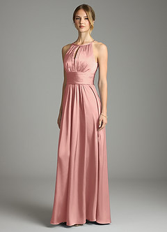 Azazie Bonnie Bridesmaid Dresses Rosette A-Line Pleated Stretch Satin Dress image1