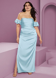 Barbie ♥ Azazie Bridesmaid Dresses Sky Blue Sheath Off the Shoulder Stretch Satin Convertible Dress image10