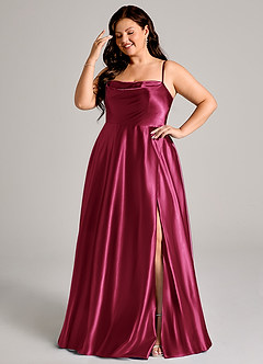 Azazie Elle Bridesmaid Dresses Burgundy A-Line with Pockets Metallic Satin Dress image4