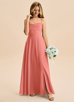 Azazie Bear Junior Vestido de Rosa Salmón de Gasa de Corte en A con Plisado image3