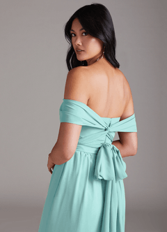 Azazie Lamara Robes de demoiselle d'honneur Combinaison Convertible en Mousseline de soie Épaule décolletée Aqua image6