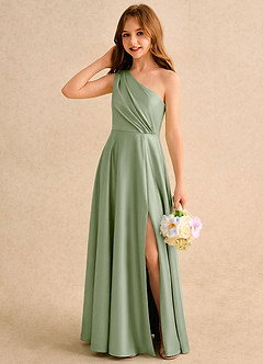 Azazie Puddles Junior Formal Flower Girl Dresses Dusty Sage A-Line One Shoulder Stretch Satin Dress image3