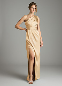 Azazie Emorie Bridesmaid Dresses Gold Sheath One Shoulder Stretch Satin Dress image1