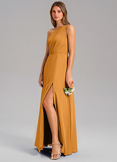 Azazie Phaedra Bridesmaid Dresses Butterscotch A-Line One Shoulder Chiffon Dress image5