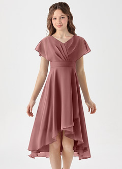 Azazie Graciela Junior Robe Trapèze en Mousseline de soie Plissée Rose Du Désert image3