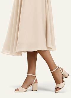 front 매칭 컬러 스트레치 새틴 스퀘어 토 블록 힐