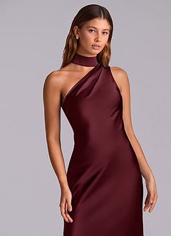 Azazie Seona Bridesmaid Dresses Cabernet Mermaid One Shoulder Stretch Satin Dress image2