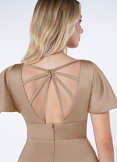 Azazie Lani Bridesmaid Dresses Taupe A-Line Flounce Sleeve Stretch Satin Dress image3