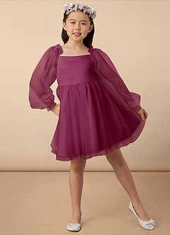 Azazie Aya Flower Girl Dresses Mulberry A-Line with Sleeves Tulle Dress image1