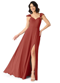 Azazie Everett Bridesmaid Dresses Terracotta A-Line V-neck Ruched Chiffon Dress image1