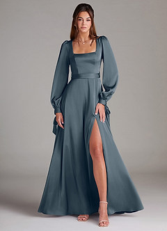 Azazie Leonia Bridesmaid Dresses Twilight A-Line Long Sleeve Stretch Satin Dress image1