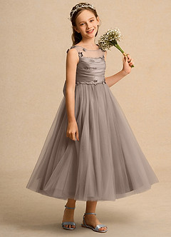 Azazie Snowball Girl vestidos de niña de las flores Vestido de Gris Pardo de Tul de Princesa con Plisado image4