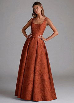 Azazie Amalie 신부 들러리 드레스 A라인 주름진 플로럴 번아웃 바닥 길이 드레스 image1