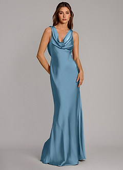 Azazie Cheryl Vestidos de damas de honor Vestido de Azul Acero de Satén Elástico de Corte Sirena image5