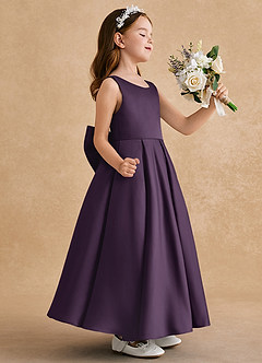 Azazie Honey Bear Flower Girl Dresses Plum A-Line Pleated Matte Satin Dress image2