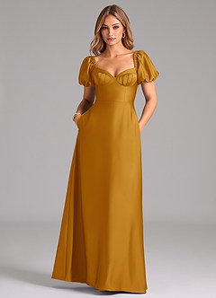 Azazie Fatima Bridesmaid Dresses Butterscotch A-Line Pleated Stretch Satin Dress image3