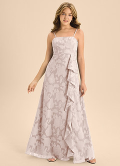 Azazie Kaylee Junior Blushing Pink A-Line with Belt Floral Burnout Dress image4