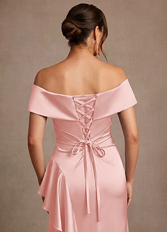 Azazie Kirsty Mother of the Bride Dresses Powder Pink Sheath Off the Shoulder Stretch Satin Dress image6