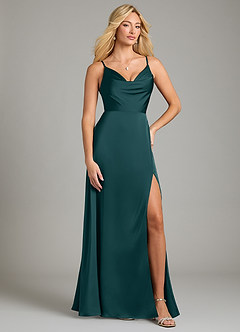 Azazie Sarella Bridesmaid Dresses Pine A-Line Pleated Stretch Satin Dress image1