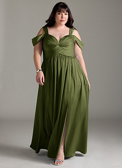 Azazie Lianne Bridesmaid Dresses Olive A-Line Off the Shoulder Stretch Satin Dress image9