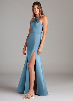 Azazie Rue Bridesmaid Dresses Steel Blue A-Line Pleated Stretch Satin Dress image5