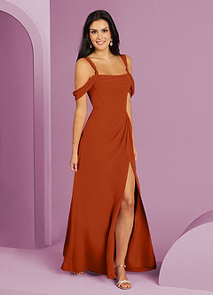 Barbie ♥ Azazie Bridesmaid Dresses Burnt Orange A-Line Off the Shoulder Chiffon Dress image3