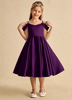 Azazie Favia Flower Girl Dresses Grape A-Line Off the Shoulder Matte Satin Dress image4
