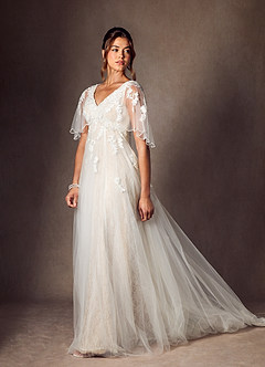 Azazie Renesmee Robes de mariée Robe Trapèze en Tulle Paillettes Diamant Blanc Champagne image1