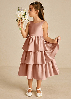 Azazie Margery Flower Girl Dresses Rose Gold A-Line Bow Stretch Satin Dress image4