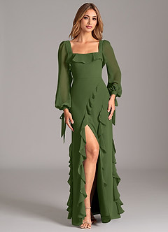 Azazie Candice Bridesmaid Dresses Olive A-Line Long Sleeve Chiffon Dress image4