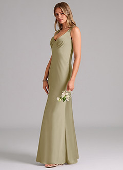 Azazie Kamila Bridesmaid Dresses Moss Green A-Line Pleated Stretch Satin Dress image6