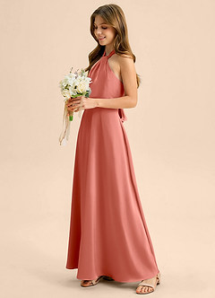Azazie Beah Junior Salmon Pink A-Line Pleated Stretch Satin Dress image7
