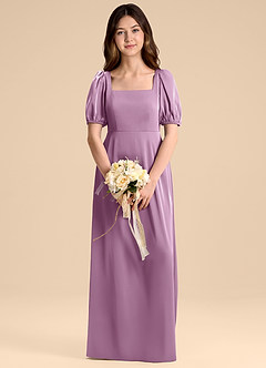 Azazie Briar Junior Vestido de Glicinia de Satén Elástico de Corte en A con Lazo image1