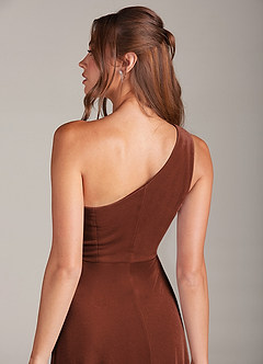 Azazie Brooke Bridesmaid Dresses Terracotta A-Line One Shoulder Velvet Dress image2