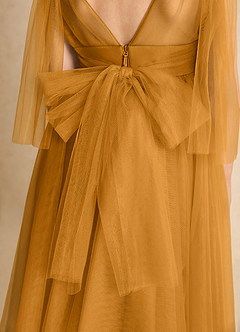 Azazie Dori Robe Demoiselle D'honneur Fillette Robe Trapèze en Tulle Rayé Caramel écossais image7