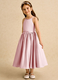 Azazie Indi Flower Girl Dresses Powder Pink A-Line Bow Matte Satin Dress image7