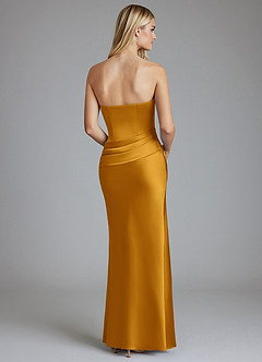 Azazie Lenya Bridesmaid Dresses Butterscotch Sheath Pleated Stretch Satin Dress image2