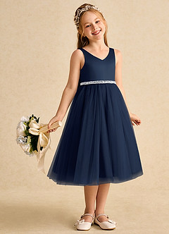Azazie Firefly Flower Girl Dresses Dark Navy A-Line Bow Matte Satin Dress image7