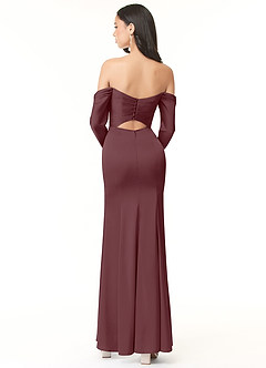 Azazie Hallie Bridesmaid Dresses Sangria Sheath Off-The-Shoulder Long Sleeve Stretch Satin Convertible Dress image4