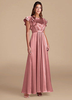 Azazie Daphne Modest Bridesmaid Dresses A-Line Ruched Metallic Satin Floor-Length Dress image4