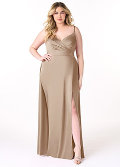 Azazie Dalilah Bridesmaid Dresses Taupe A-Line V-Neck Pleated Stretch Satin Dress image6
