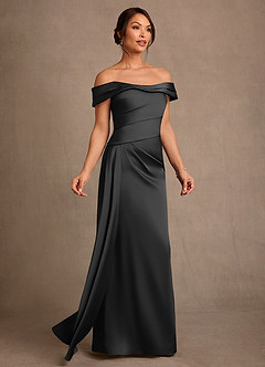 Azazie Beah Mother of the Bride Dresses Black Sheath Off the Shoulder Stretch Satin Dress image2