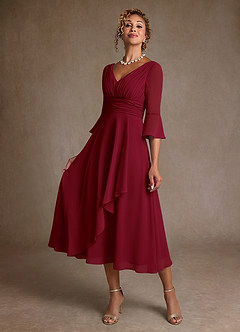 Azazie Aerynne 신부의 어머니 드레스 A라인 주름진 쉬폰 티 길이 드레스 image3