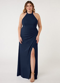 Azazie Galicia Brautjungfernkleider Meerjungfrau-Linie Halter Gefaltet Stretch-Chiffon Kleid Dunkelmarine image5