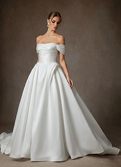 Azazie Suki Wedding Dresses Diamond White Ball-Gown Off the Shoulder Satin Dress image3