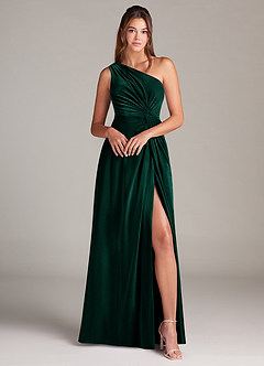 Azazie Brooke Bridesmaid Dresses Emerald A-Line One Shoulder Velvet Dress image4