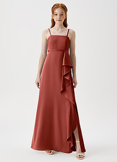 Azazie Kaylee Junior Terracotta A-Line with Belt Stretch Satin Dress image3